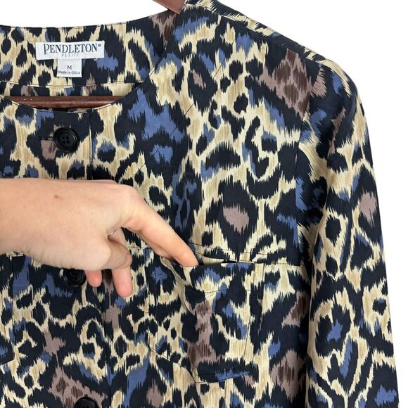 NWT Pendleton Silk Blue Tan Animal Print Light Blazer Top Women's Petite Medium - Picture 3 of 7
